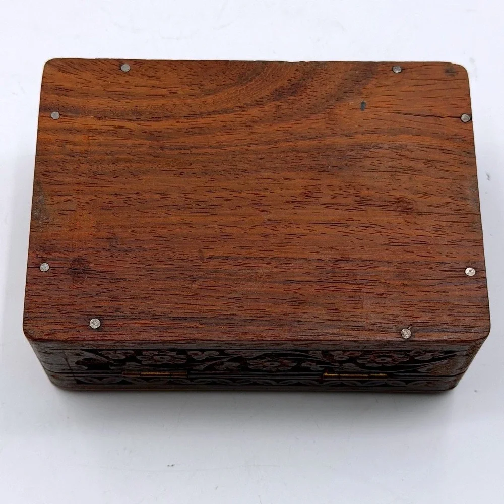 Vintage Hand Carved Wood Trinket Jewelry Needle Storage Box Faux Inlay